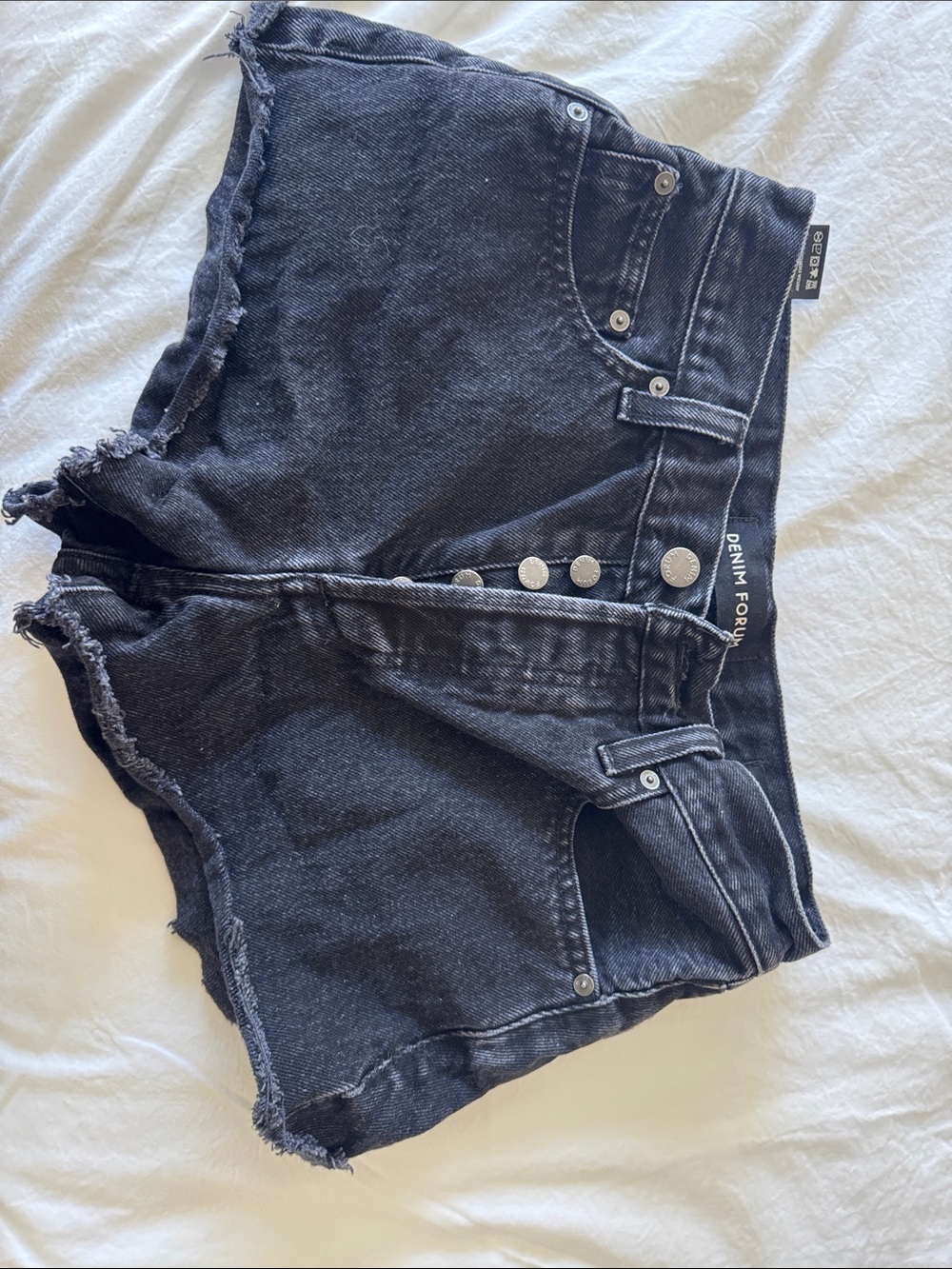 Denim Forum Black High-Rise Frayed Button-Front Jean Shorts